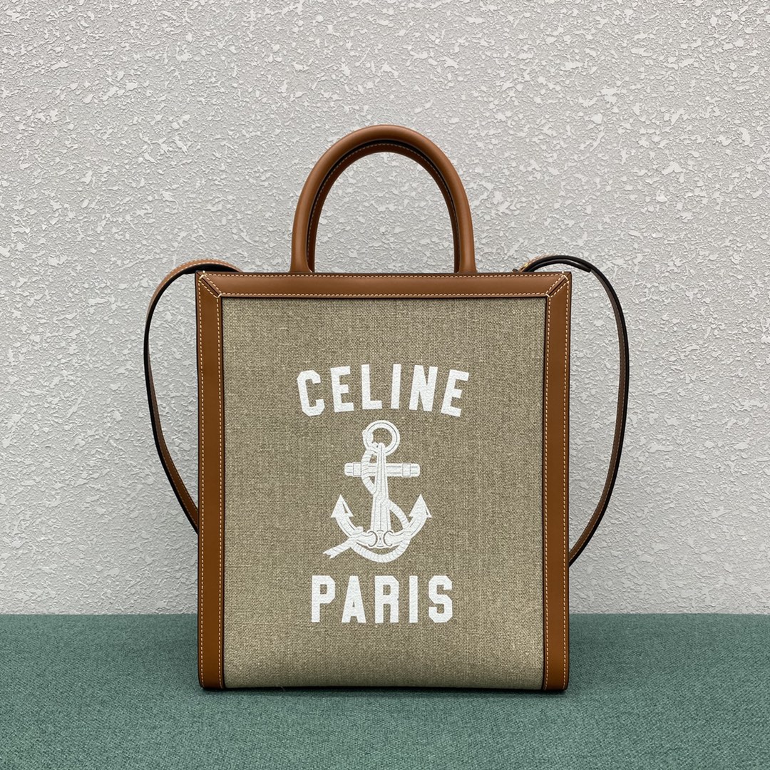 Celine Small Vertical Cabas In Textile With Celine Print And Calfskin Light Grey 192082